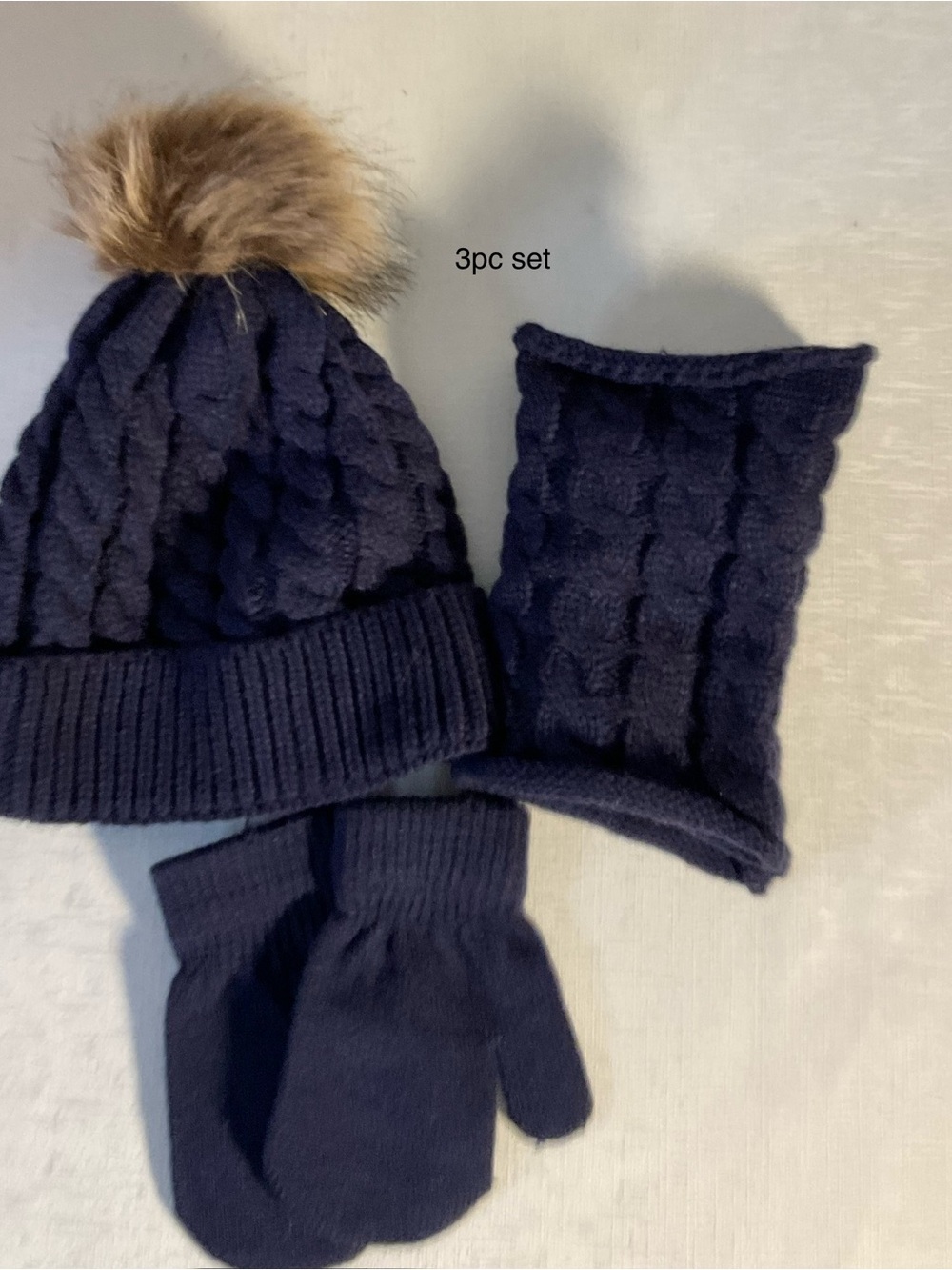 Kids Navy Cable Knit 3-Piece Winter Set - Beanie, Mittens & Neck Warmer